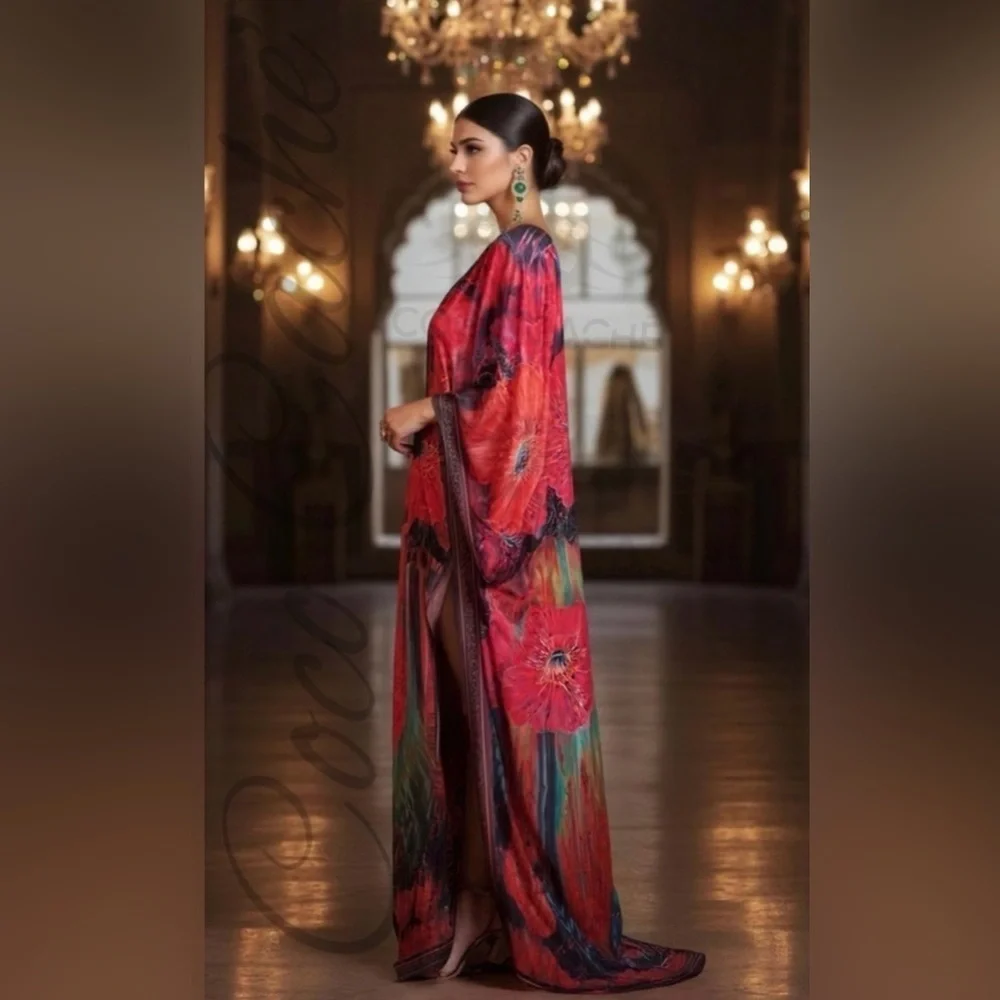 Elegant Floral Print Kaftan Oversized Maxi Kimono Tunic Poncho Coverup - Picture 4 of 14